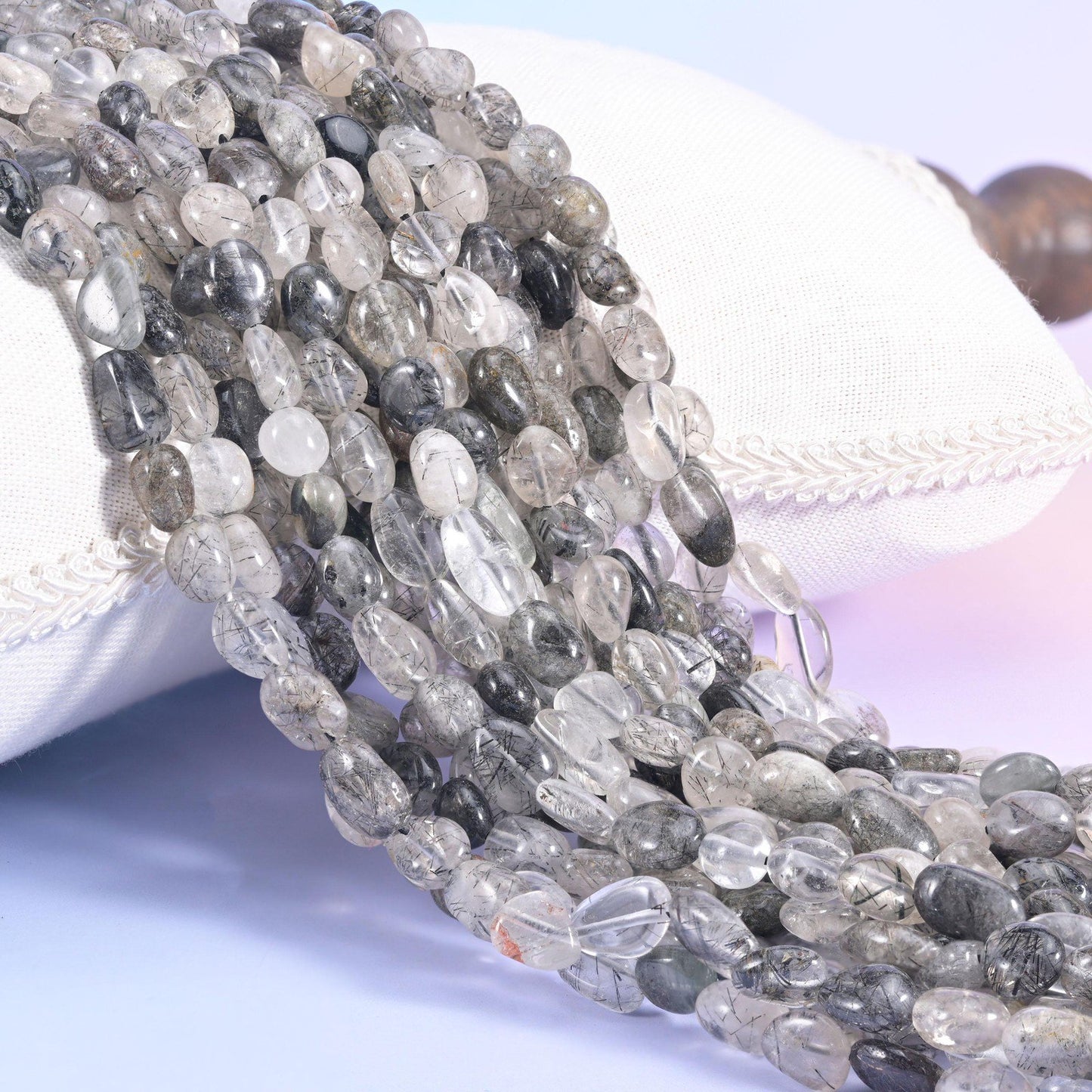 Black Rutilated Quartz Pebble Beads 6-8mm 8-12mm Jewelry Making 15.5" Strand