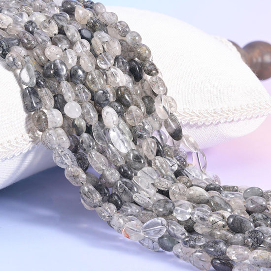 Black Rutilated Quartz Pebble Beads 6-8mm 8-12mm Jewelry Making 15.5" Strand