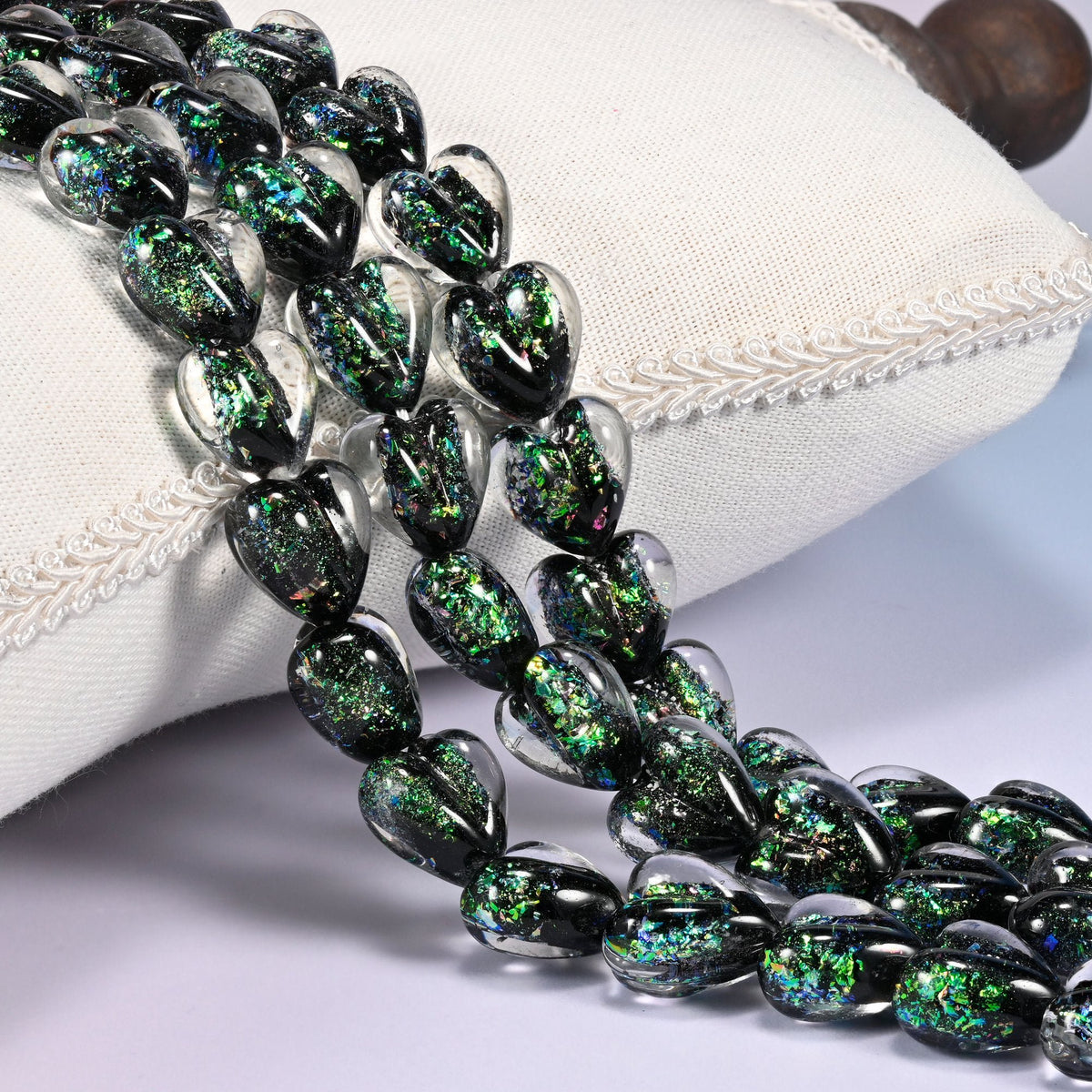 Iridescent Black Green Heart Glass Beads