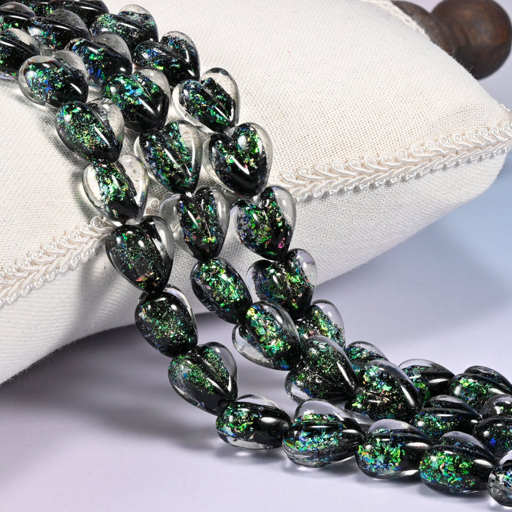 Iridescent Black Green Heart Glass Beads