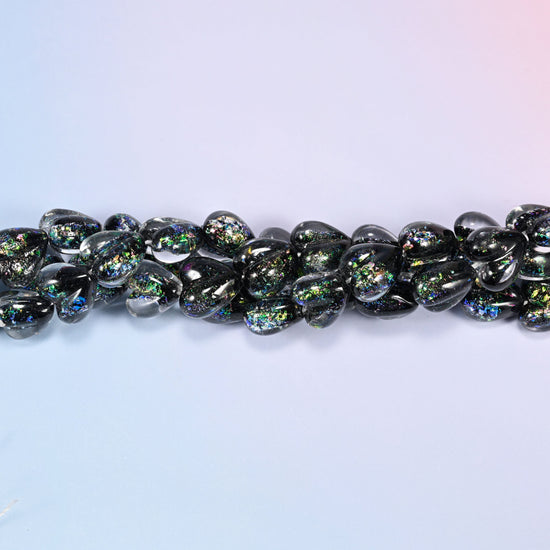 Iridescent Black Green Heart Glass Beads, 24 beads per strand