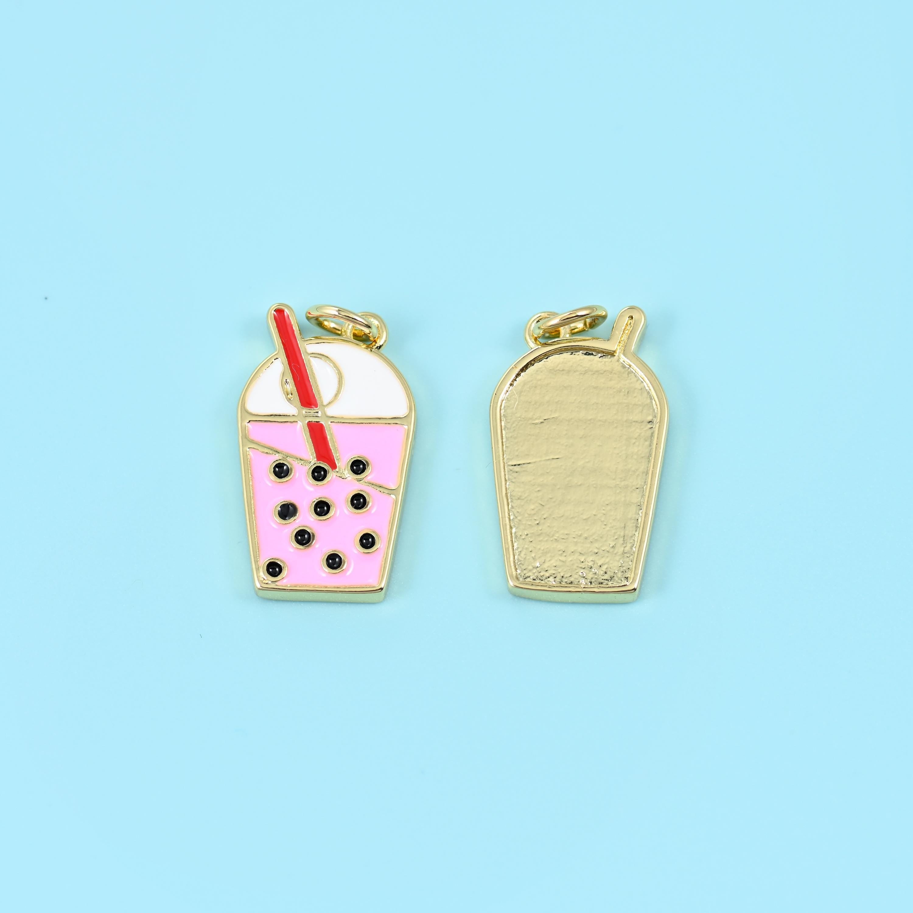 Enamel boba milk tea charm in pink, white and red enamel
