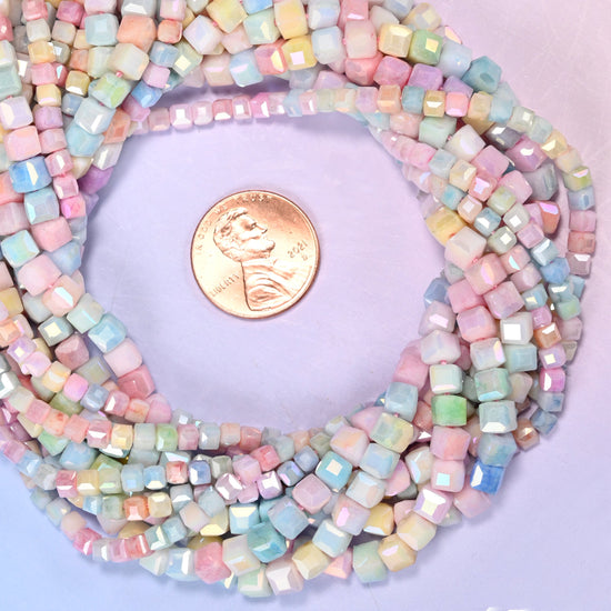 Colorful Opaque Faceted Cube Glass Beads 3.5mm 4.6mm, 15 Inch Strand.