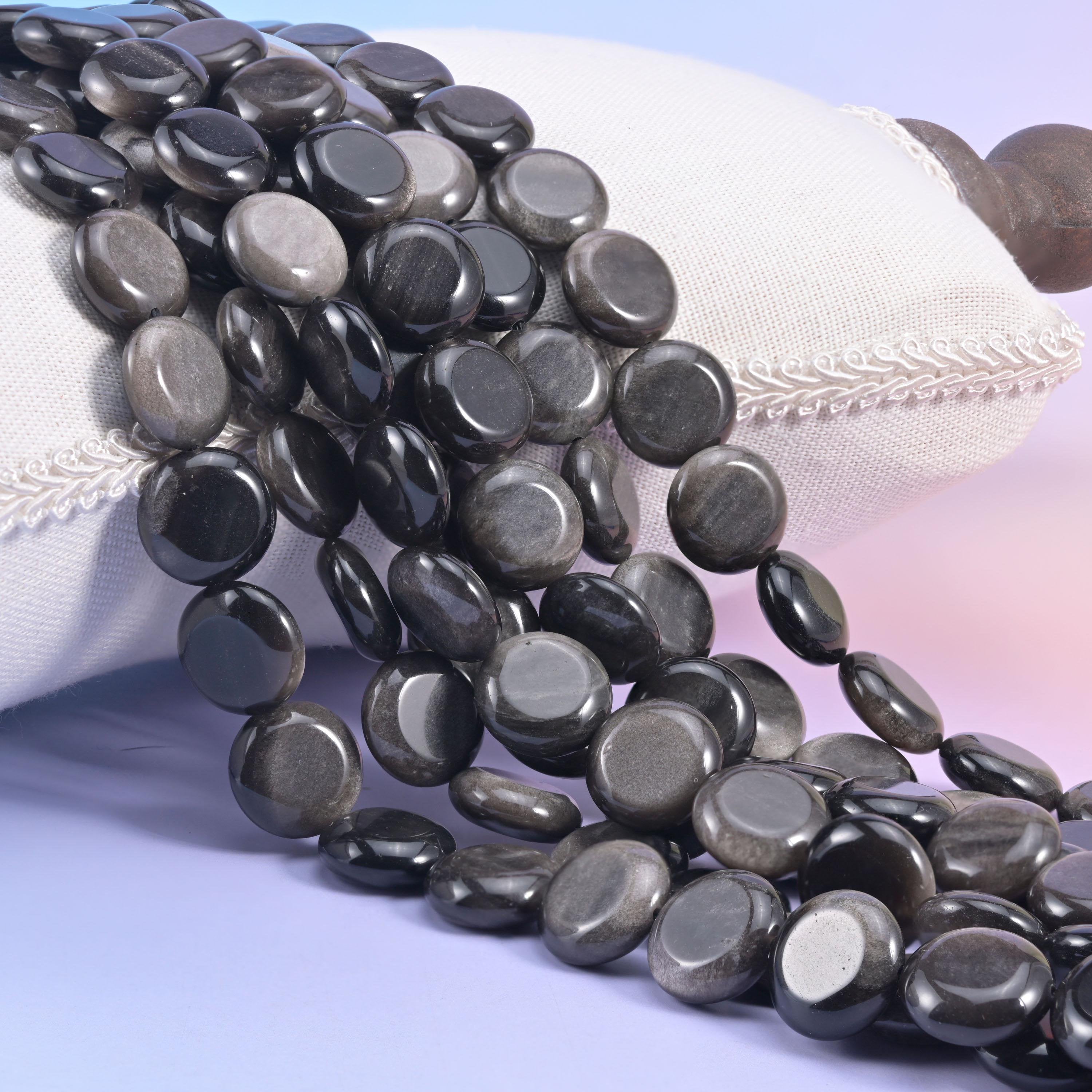 Natural Silver Obsidian smooth coin beads in deep glossy black with a soft silver sheen