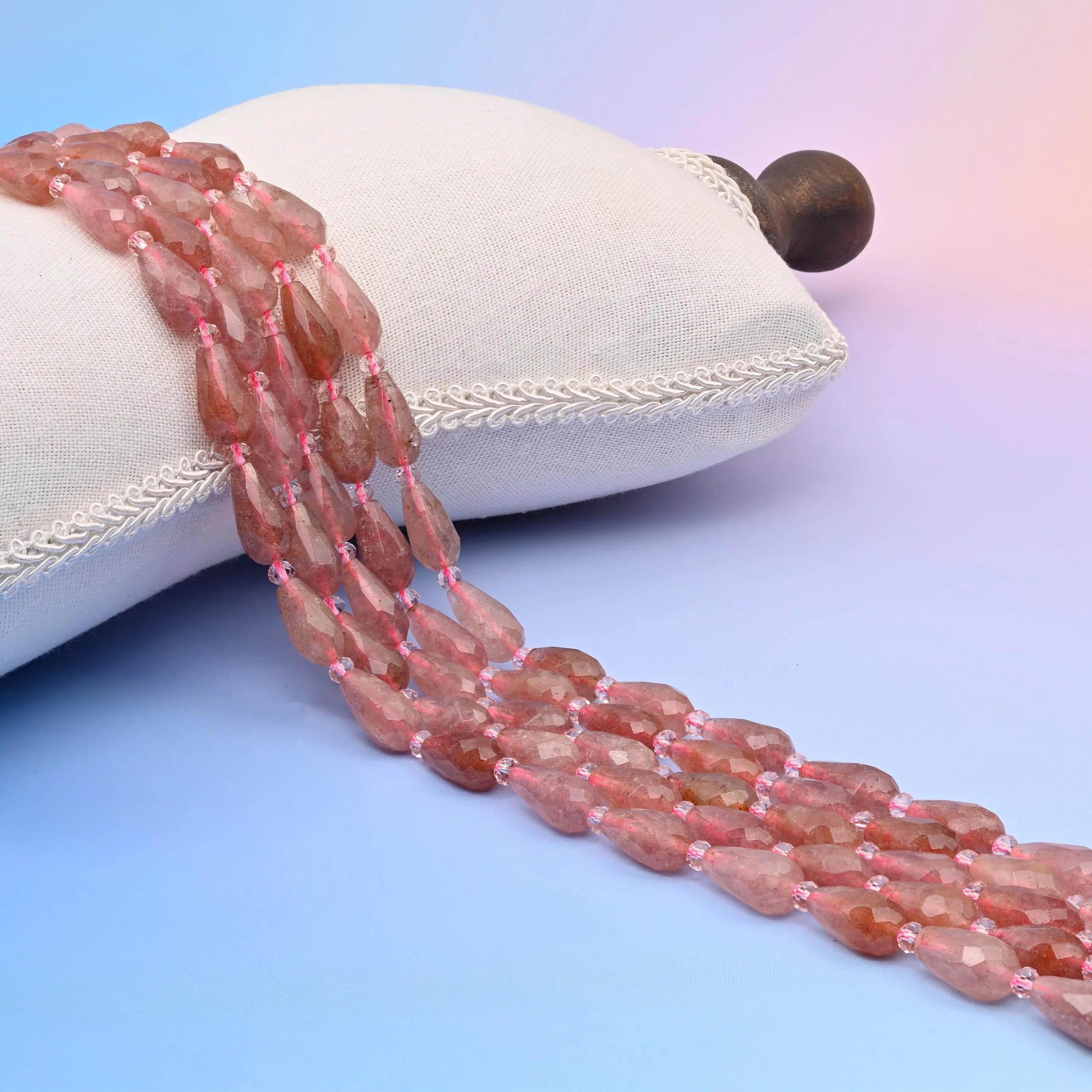 Natural Pink Strawberry Quartz faceted teardrop beads, dusty rose with rust-brown inclusions