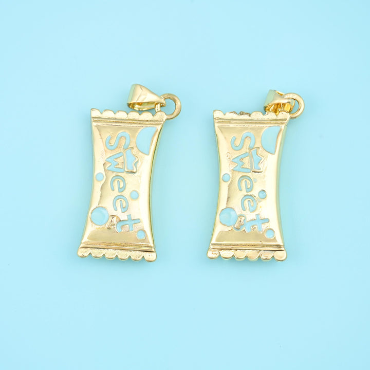 27mm enamel sweet candy charm in pale blue, two wrapped-sweet charms with Sweet lettering and blue enamel dots.