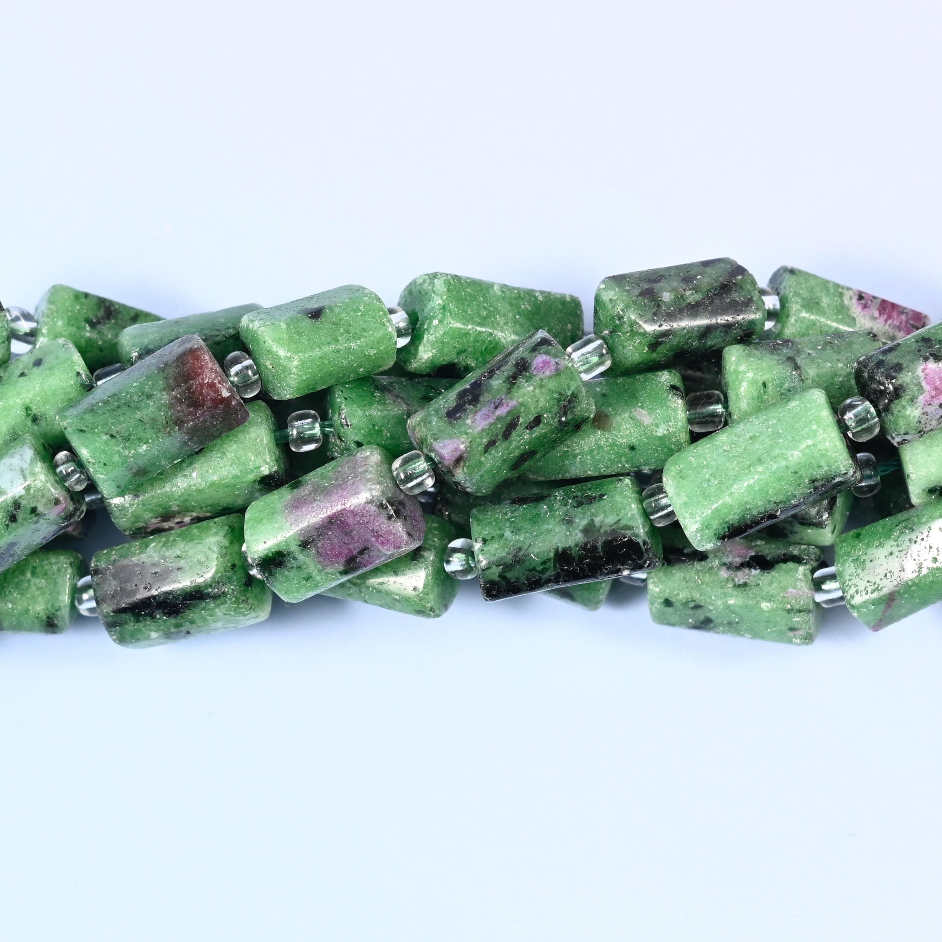 Natural Ruby Zoisite faceted tube cylinder beads with a striking mix of deep red and green tones
