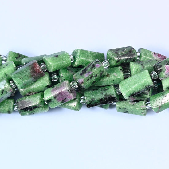 Natural Ruby Zoisite faceted tube cylinder beads with a striking mix of deep red and green tones