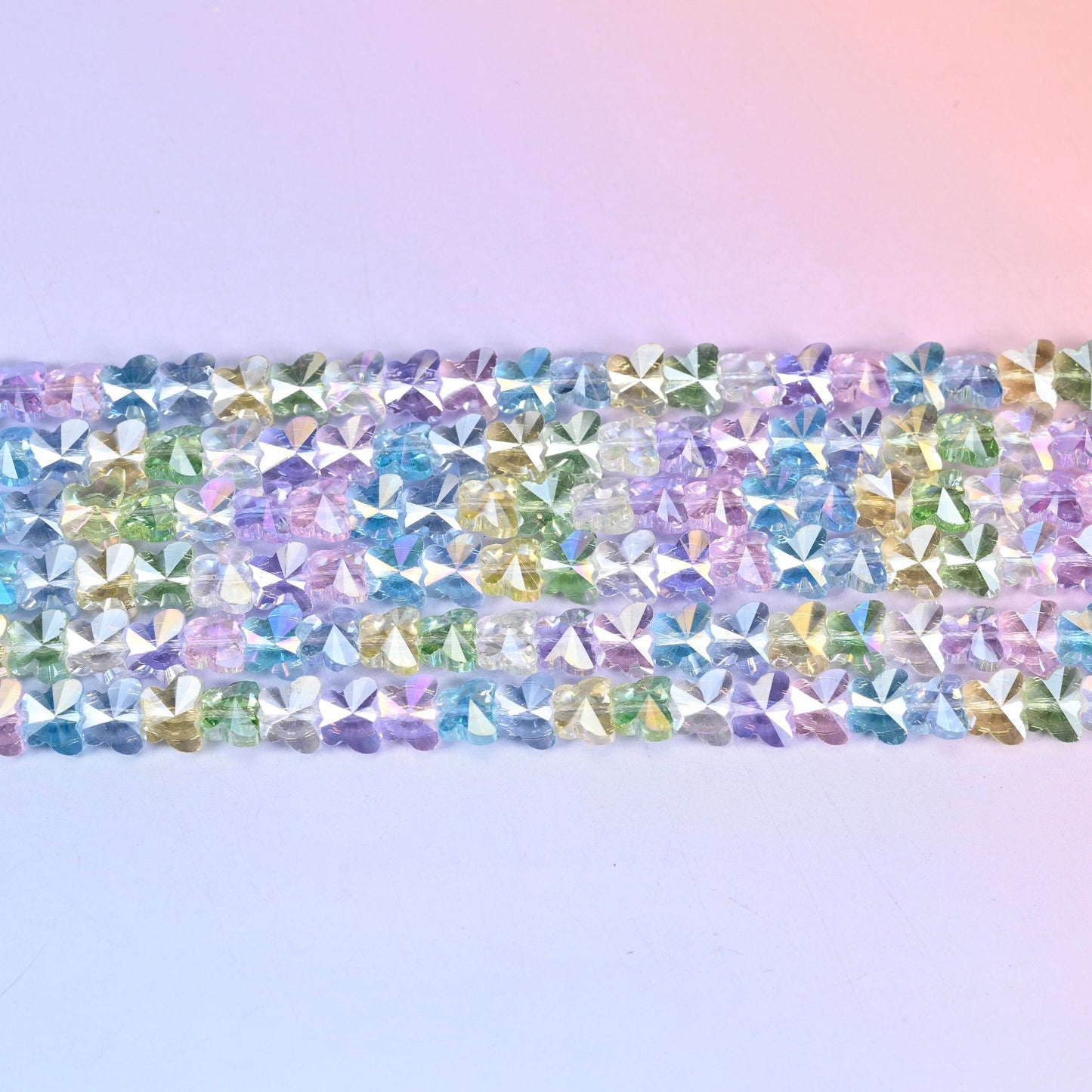 Colorful Transparent Iridescent Butterfly Glass Beads 7.6x9.6mm in pastel lilac, aqua, mint, lemon and pink