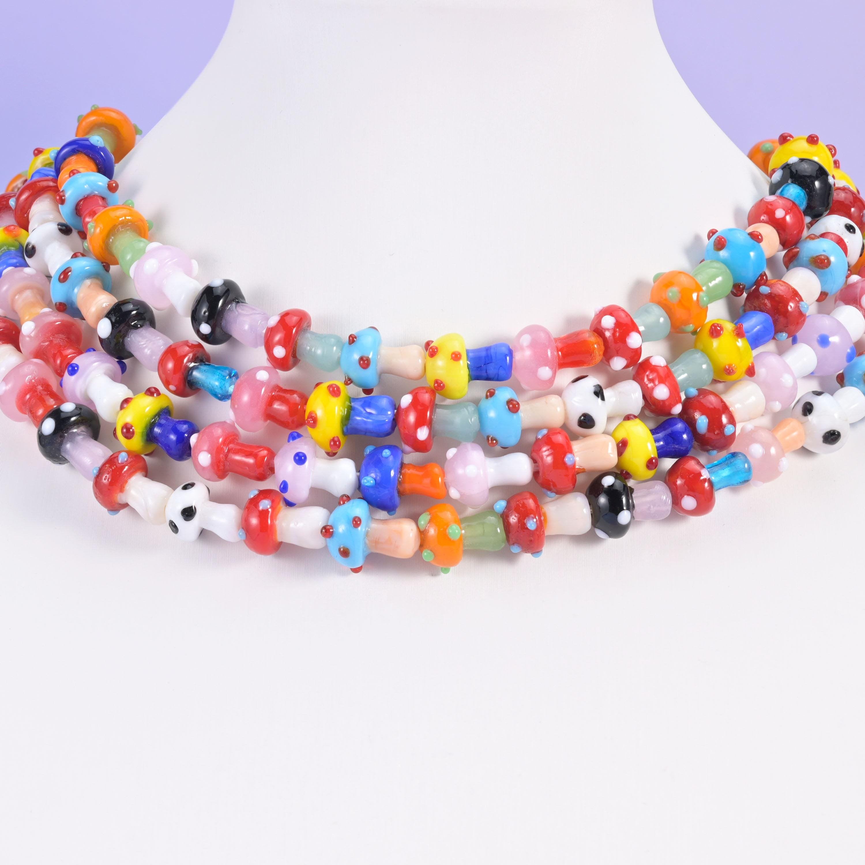 Glass mushroom beads, dotted, 11-13mm