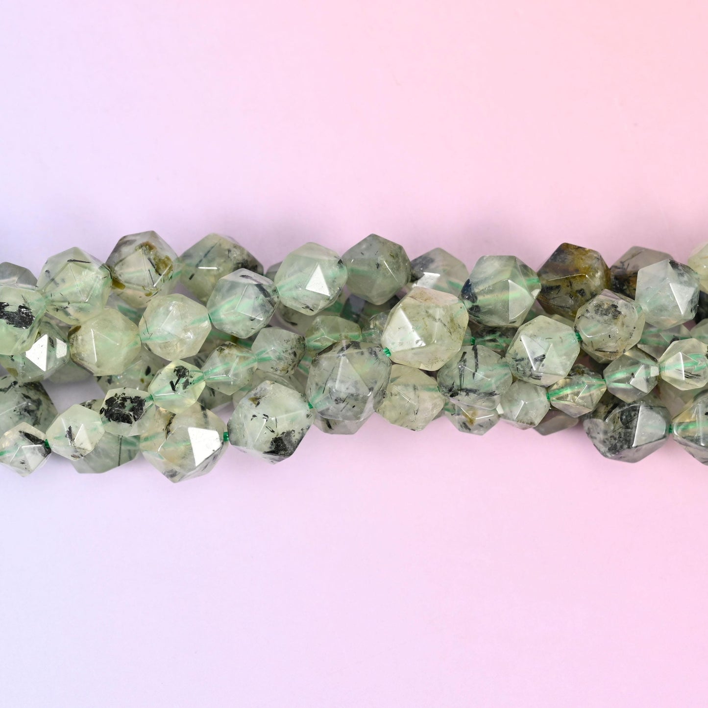Natural Green Prehnite gemstone beads with charcoal and olive needle inclusions