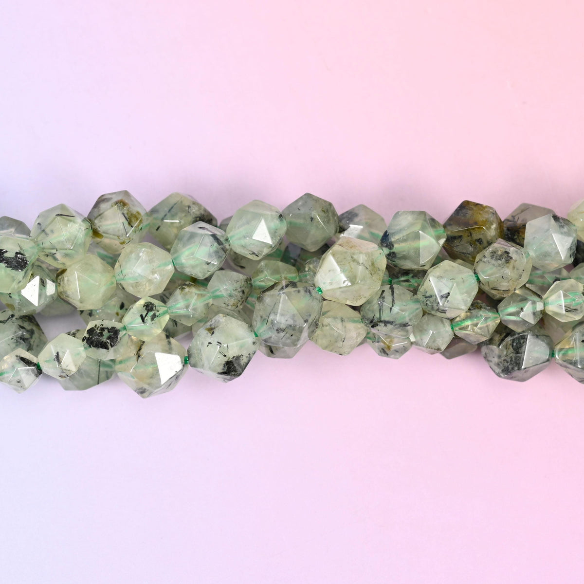 Natural Green Prehnite gemstone beads with charcoal and olive needle inclusions