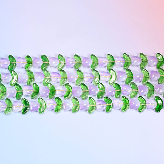 Lavender Tulip Flower Glass Beads paired with green leaf-shaped glass beads.