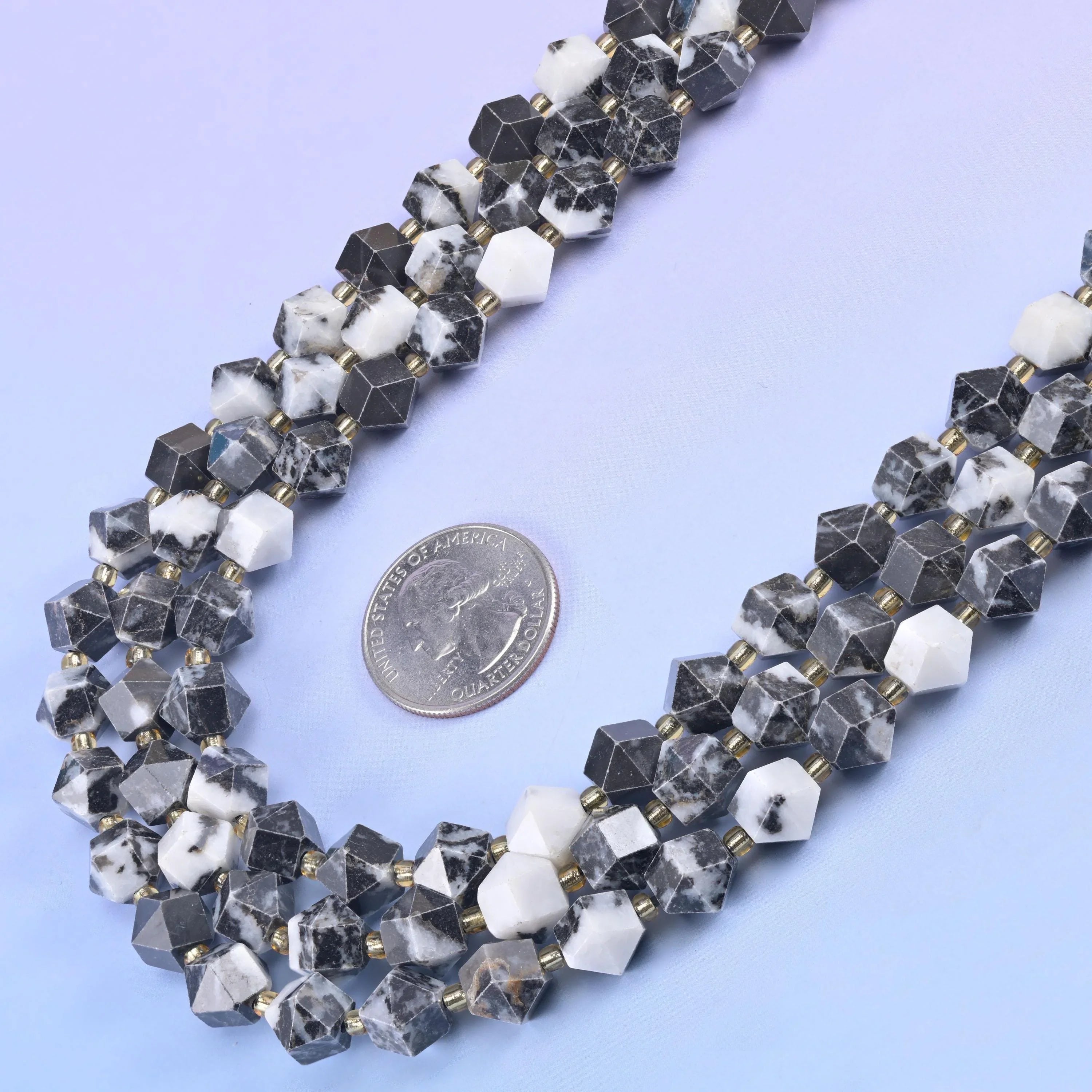 Zebra Jasper Faceted Diamond Rhombus Beads in charcoal grey and white