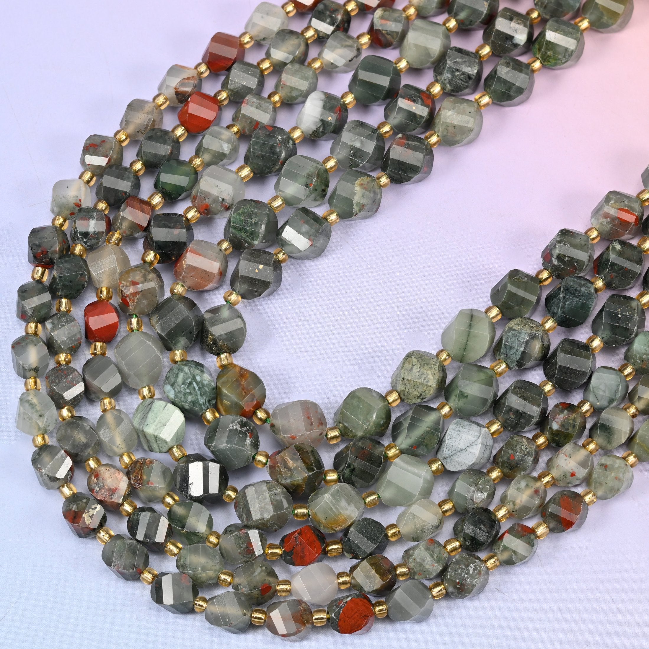 African Bloodstone Faceted Spiral Twist Beads 8mm 10mm, 15 inch strand