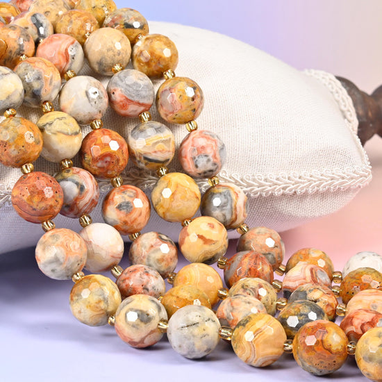 Crazy Agate Faceted Round Beads, ochre, apricot and cream rounds swirled with grey and rust banding