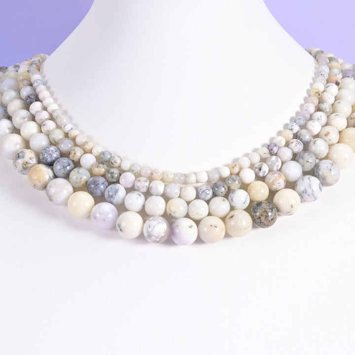 White Opal round beads looped around a white neck display form, strands in 4mm, 6mm, 8mm and 10mm