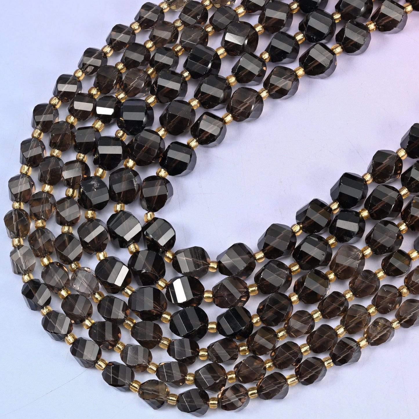 Smoky Quartz faceted spiral twist beads, 15 inch strand