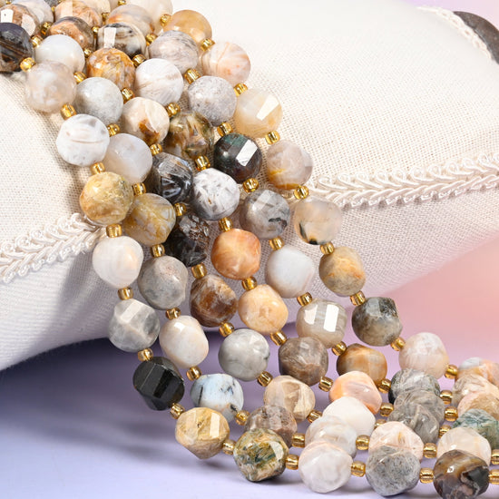 Bamboo Agate natural stone beads, 10mm faceted spiral twist, cream, oatmeal and tan run through with apricot and grey-green