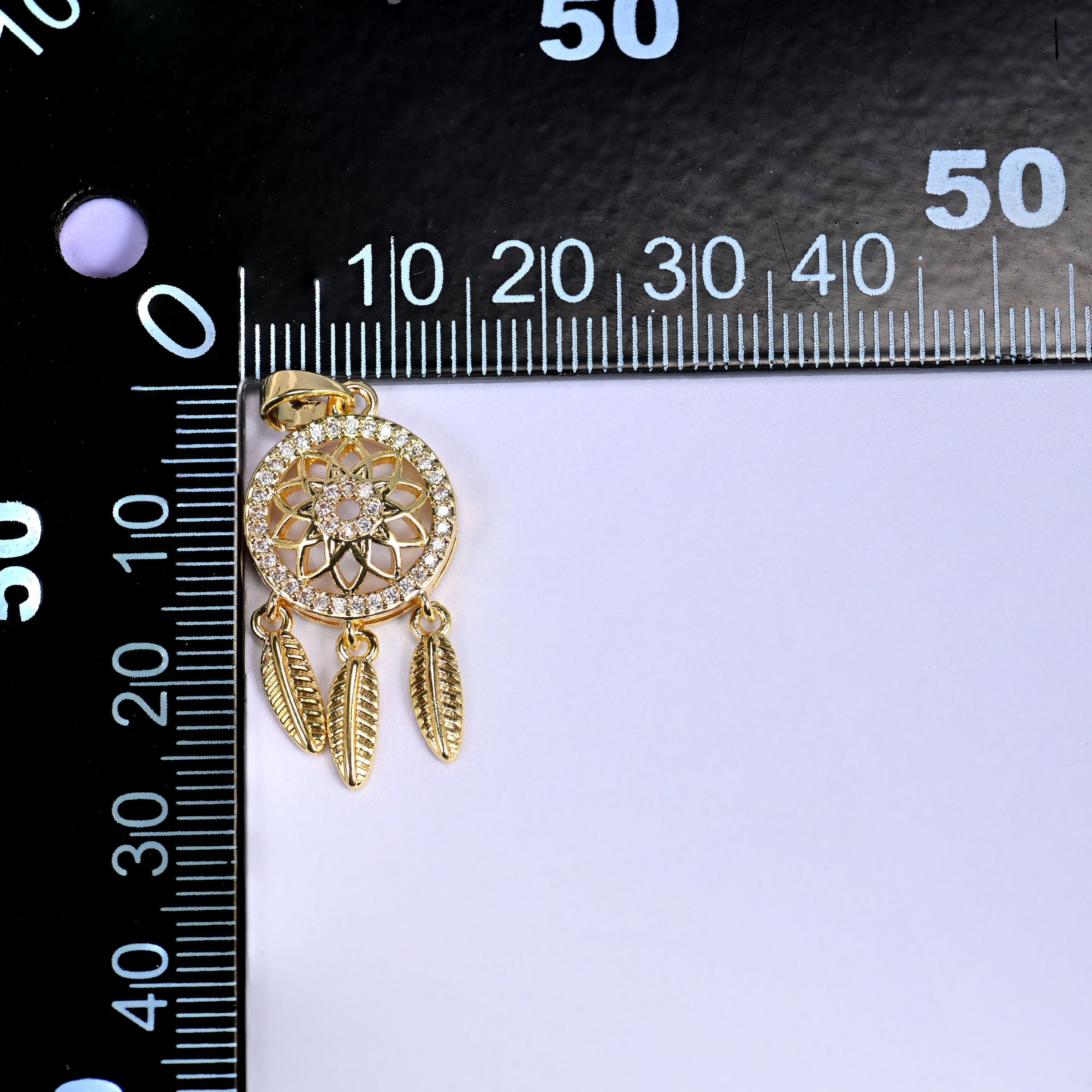 18K Gold Plated Brass Dream Catcher Charm Pendant with an openwork floral medallion, sparkling clear zircon pave, and dangling feather charms