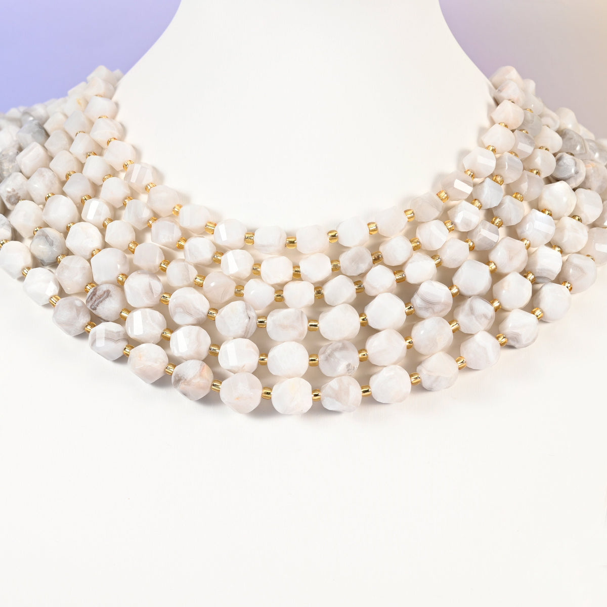 White Crazy Agate beads, faceted spiral twist, 8mm 10mm