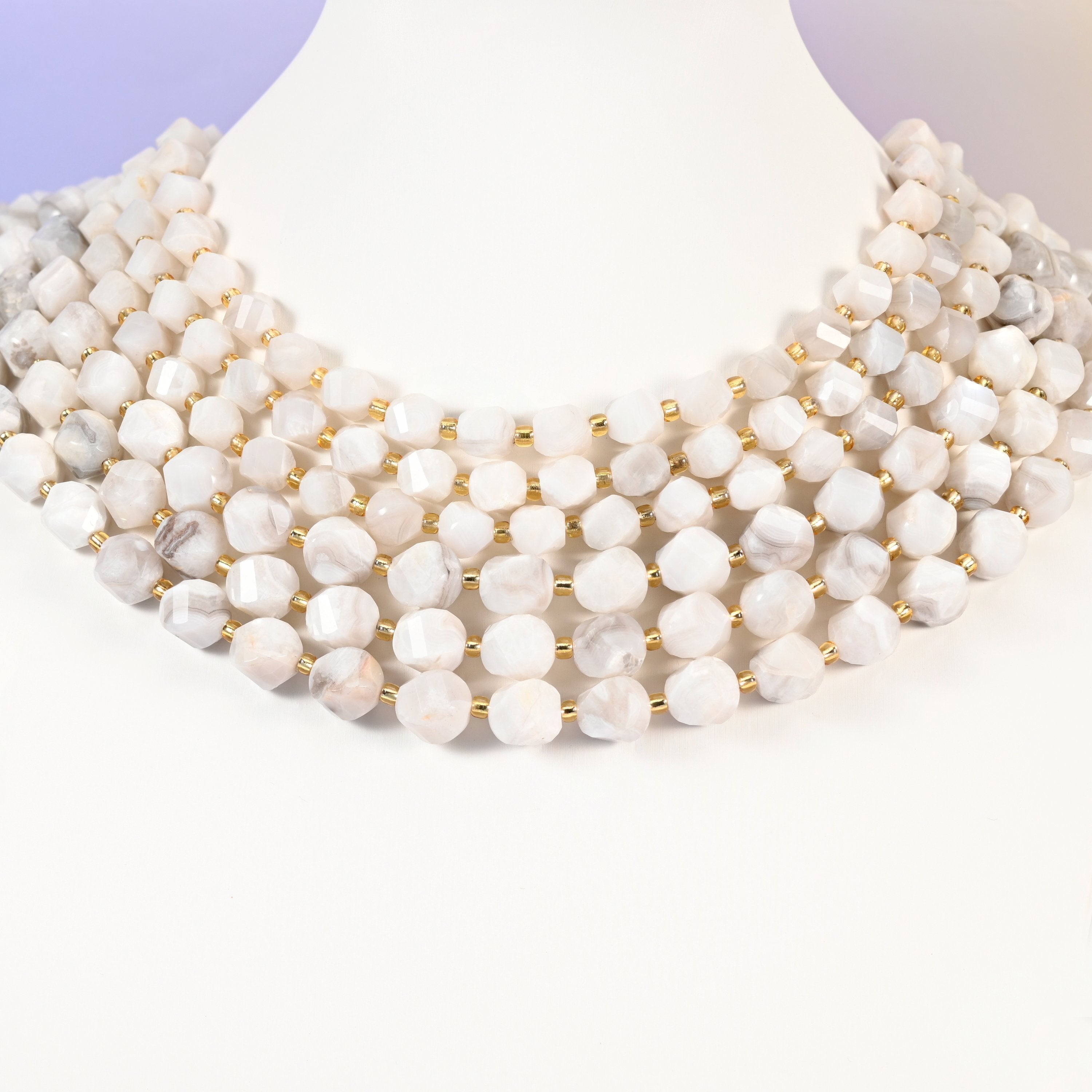 White Crazy Agate beads, faceted spiral twist, 8mm 10mm
