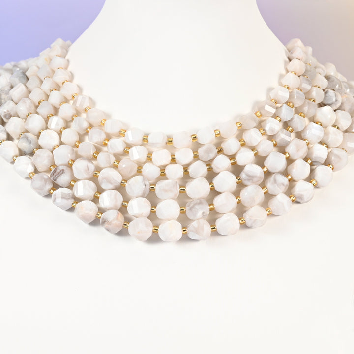 White Crazy Agate beads, faceted spiral twist, 8mm 10mm