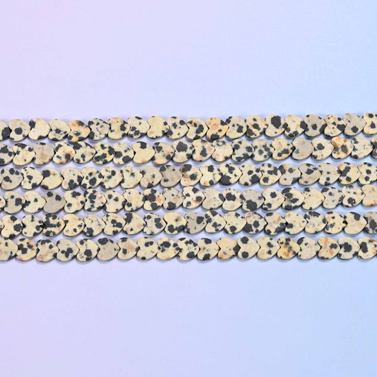 Matte dalmatian jasper flat heart beads, 15 inch strand
