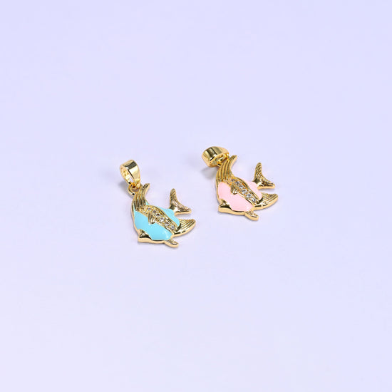 Two Enamel Tropical Fish Zirconia Charms tilted head to tail, the turquoise and pink enamel versions shown together at an angle.