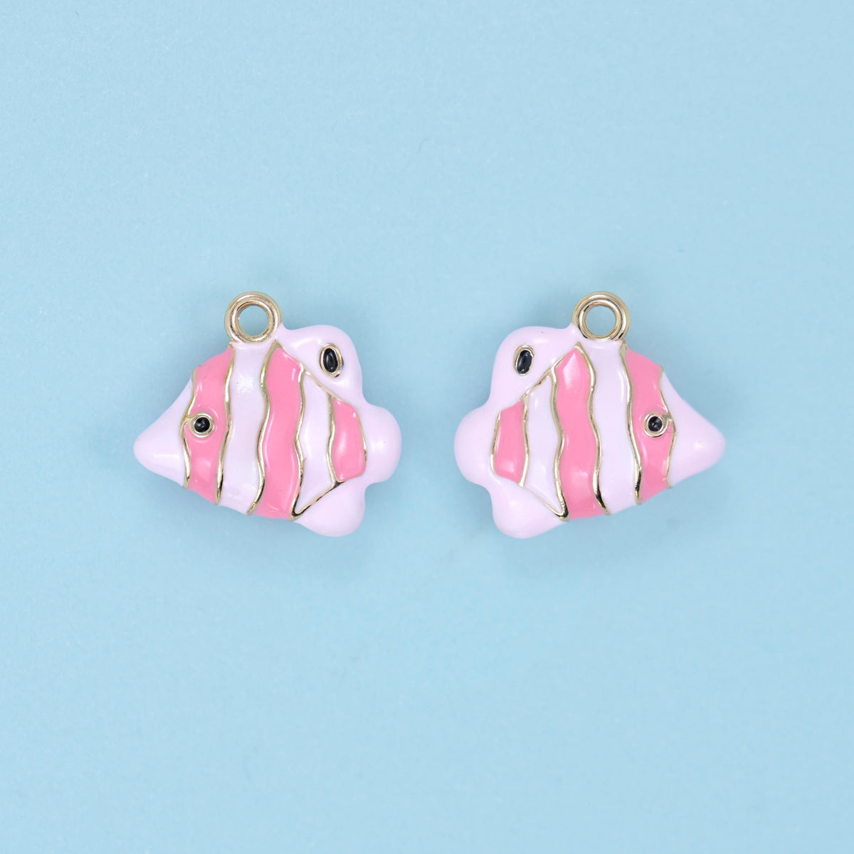 Enamel tropical fish charm in pink and white stripes, two glossy enamel charms.