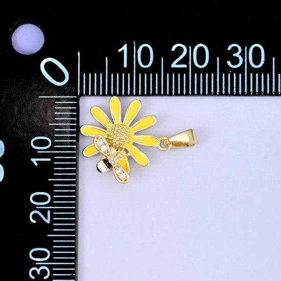 Yellow Sunflower Bee Enamel Charms: 18K Gold Plated Pendants, Jewelry Making Supply