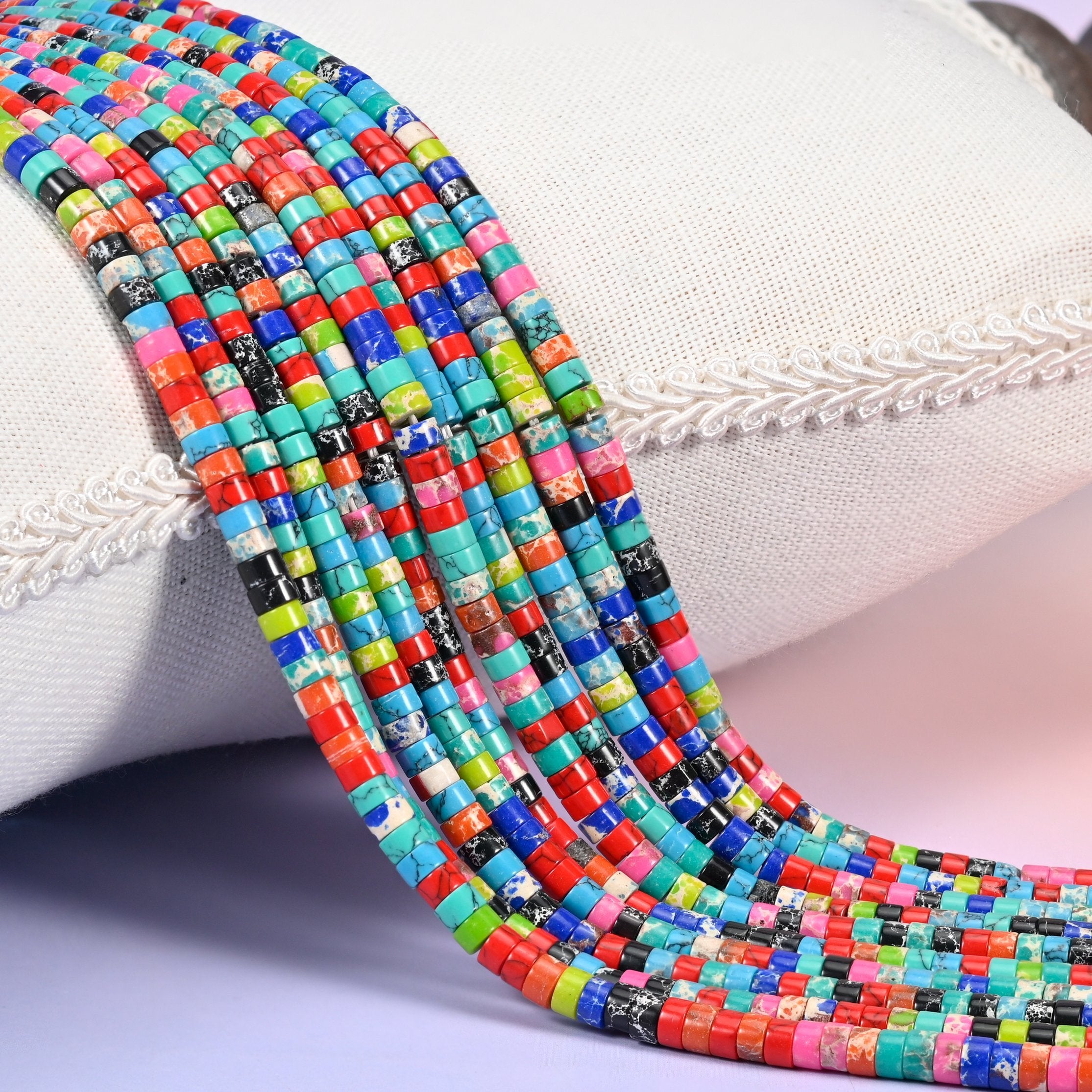 Dyed Multi-Color Shoushan Stone smooth heishi disc beads in a vibrant rainbow mix of turquoise, red, blue, pink and green