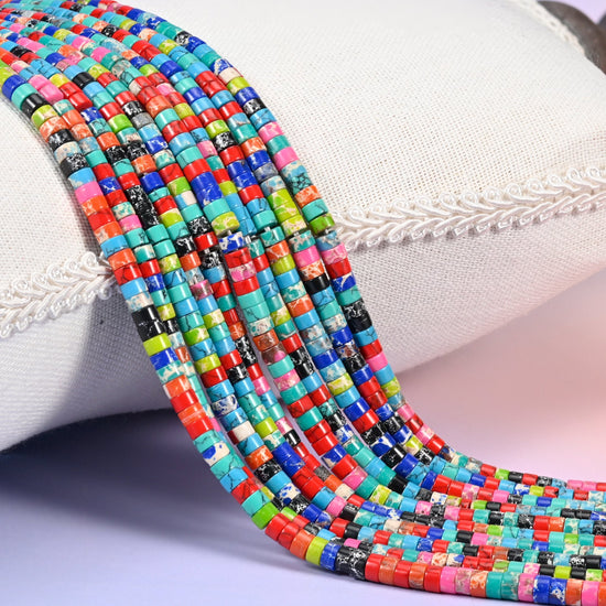 Dyed Multi-Color Shoushan Stone smooth heishi disc beads in a vibrant rainbow mix of turquoise, red, blue, pink and green