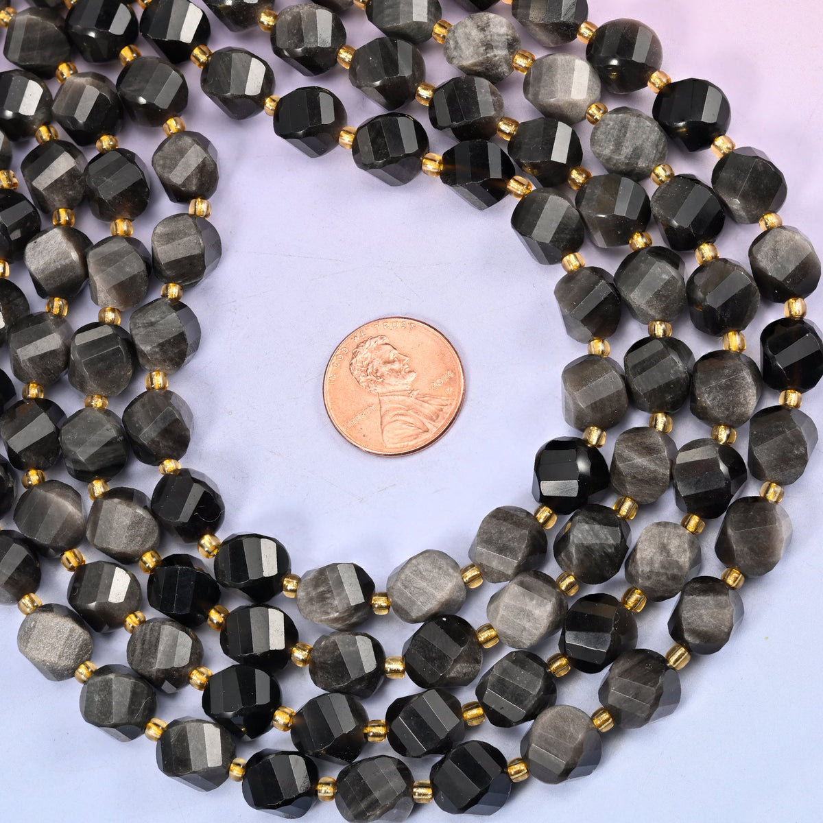 Silver Obsidian natural stone beads, 10mm faceted spiral twist beads on a full 15 inch strand