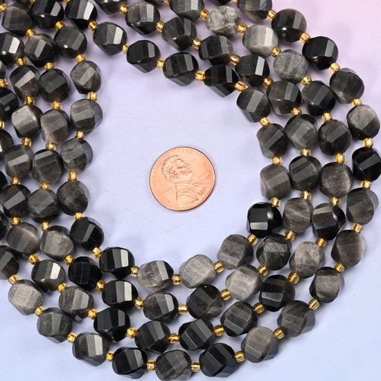 Silver Obsidian natural stone beads, 10mm faceted spiral twist beads on a full 15 inch strand