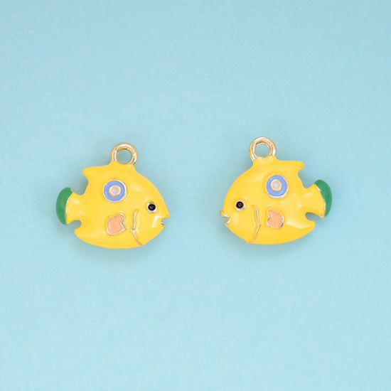 Enamel Yellow Tropical Fish Charm 16x15mm in buttercup yellow with mint-green fins and a pink cheek