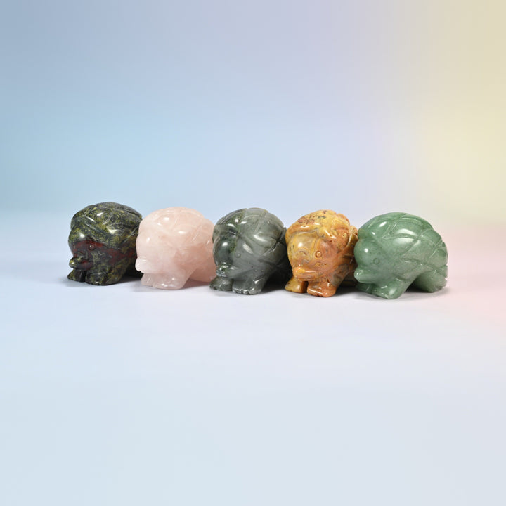 Row of hedgehog crystal carvings in natural dragon bloodstone, rose quartz, African bloodstone, crazy agate and green aventurine