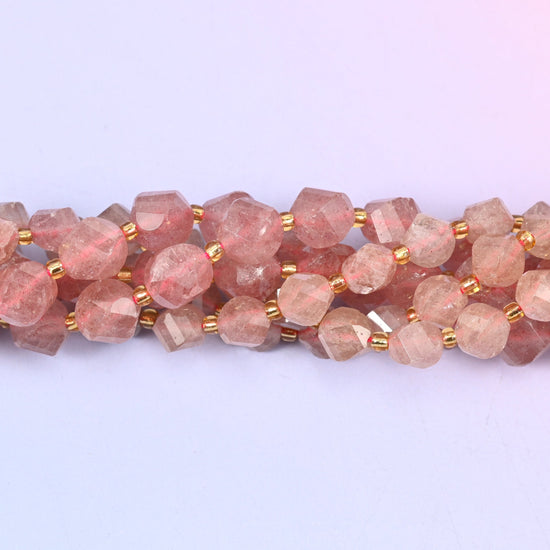 Strawberry Quartz Faceted Spiral Twist Beads, dusty rose quartz flecked with fine silvery-red inclusions