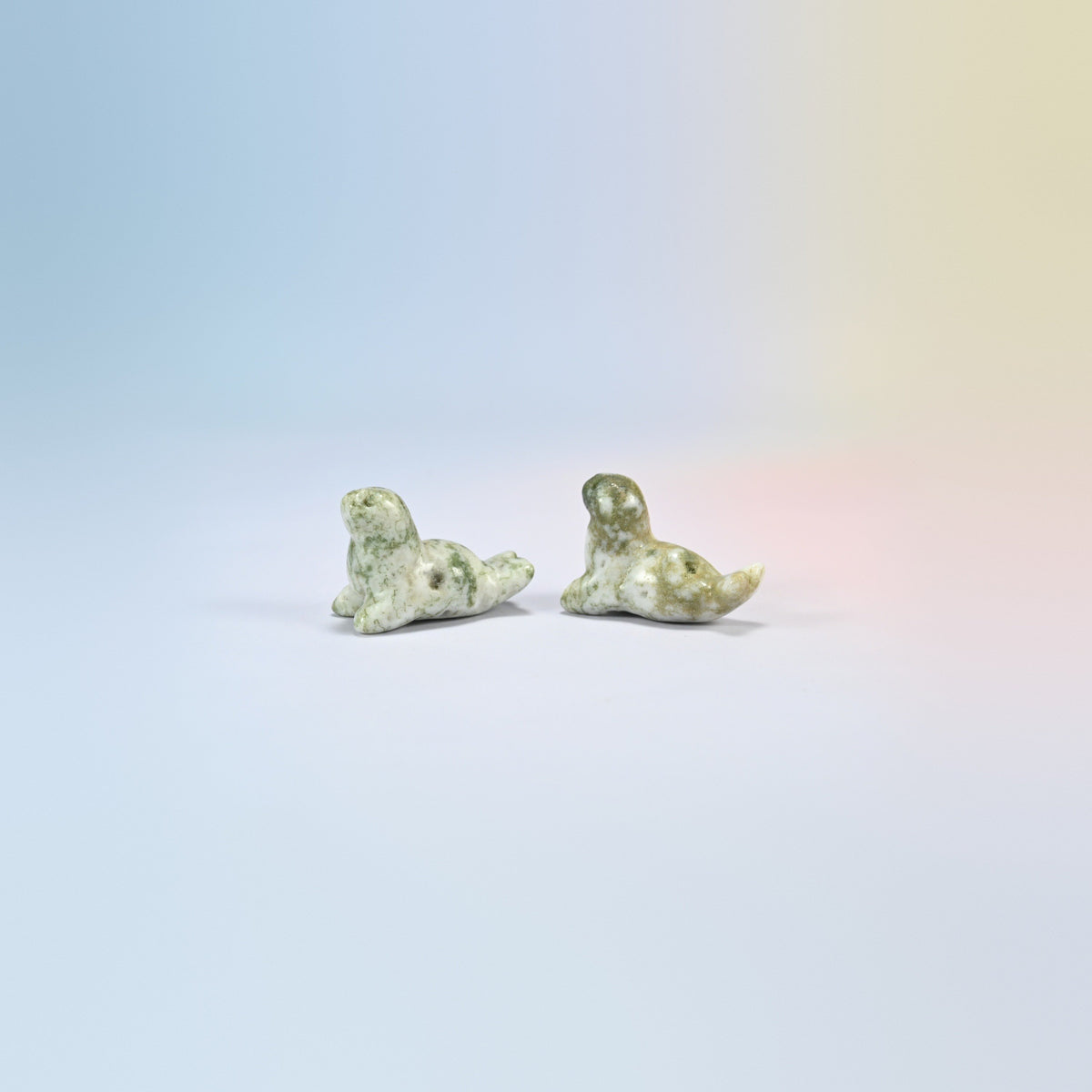 Two tree agate sea lion crystal carvings, 1.5 inch, white and green natural stone