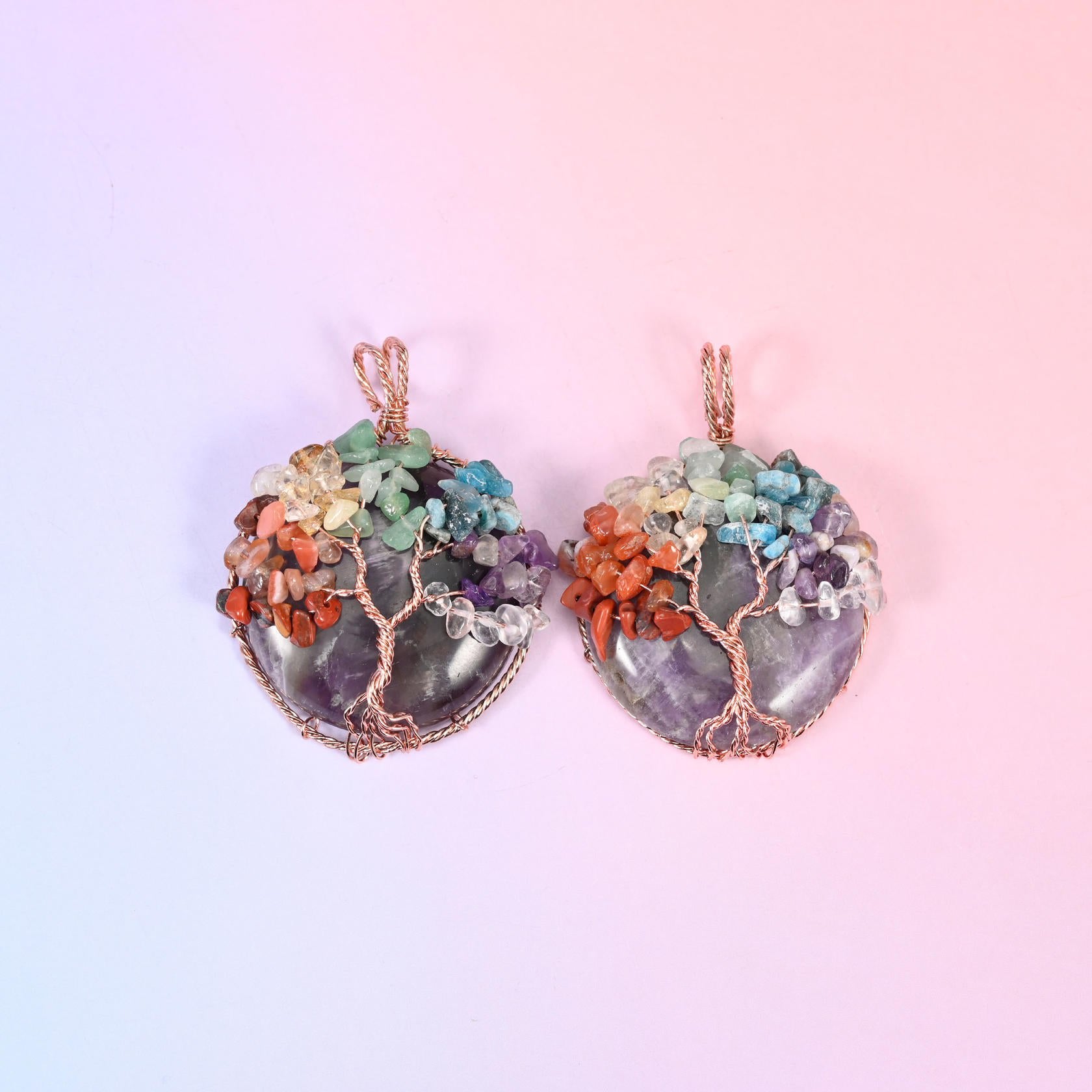 Round Gemstone Pendant with Copper Wired Tree of Life, sold per piece