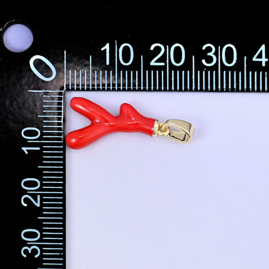 Red Coral Branch Enamel Charms: 18K Gold Plated Pendants, Jewelry Making Supply