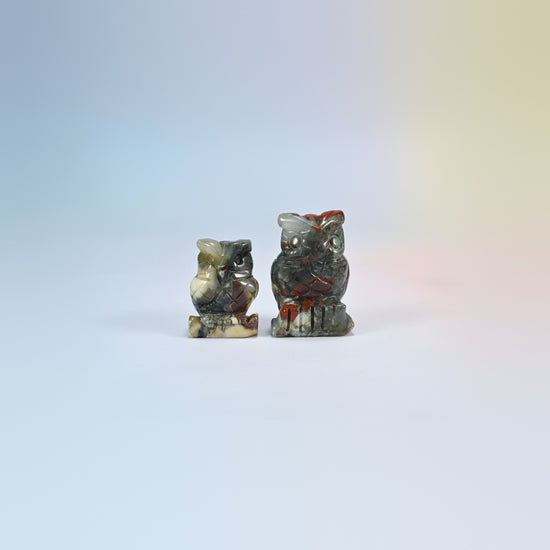Owl crystal carving in African bloodstone, green and gray natural stone with red spots
