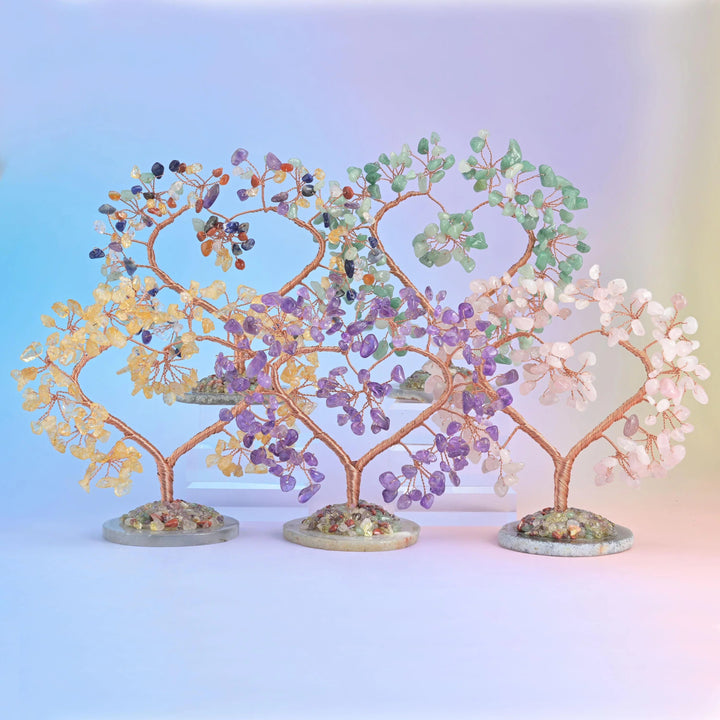 5 Inch Crystal Tree of Life with a natural agate base and heart-shaped copper wire branches.