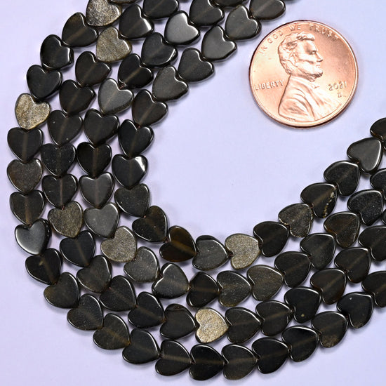 Gold Obsidian Flat Heart Beads: Size 6mm, Jewelry Making, 15 Inch Strand
