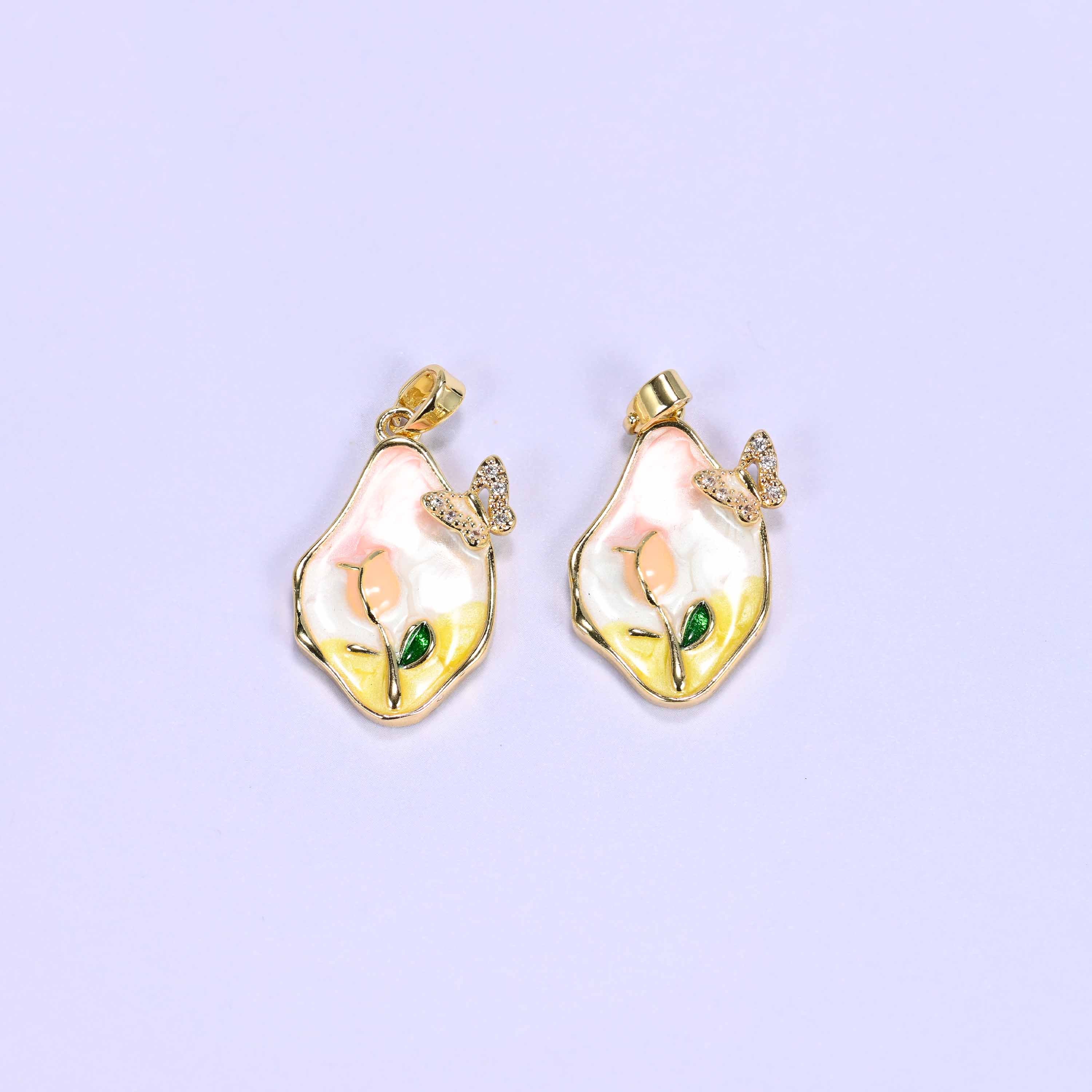 Enamel Freeform Tulip Butterfly Charms: 18K Gold Filled Pendants, Jewelry Making Supply