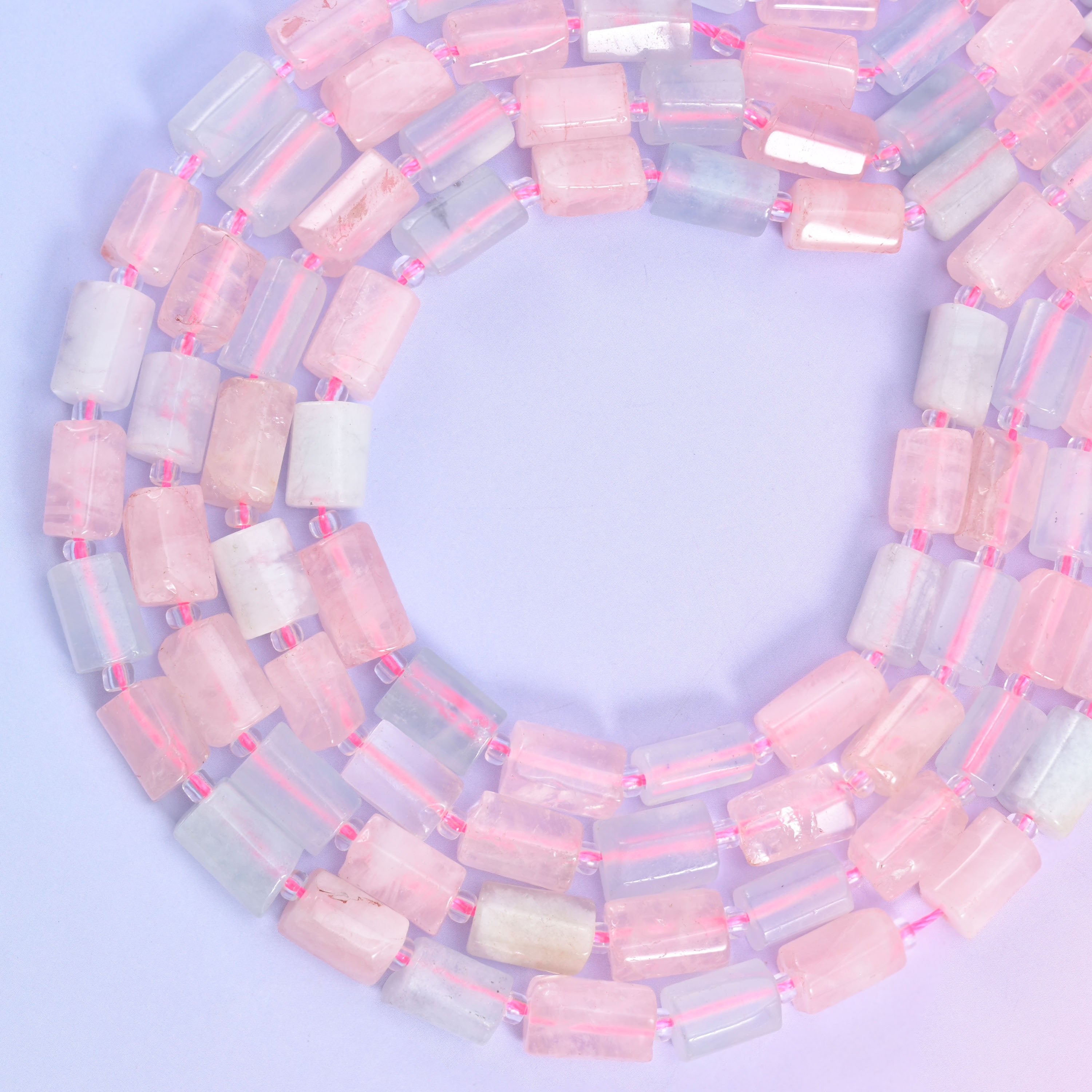 Multi-Color Morganite faceted tube beads, approximately 29 beads per strand.