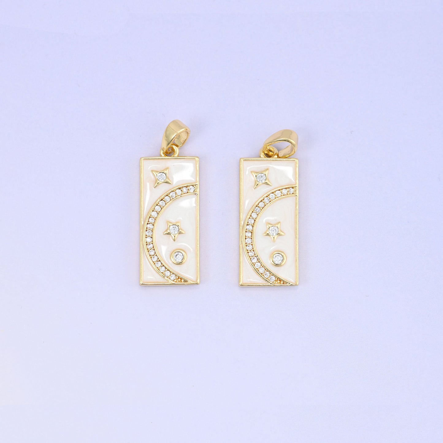 Moon and stars rectangle zircon pendant with white enamel detail