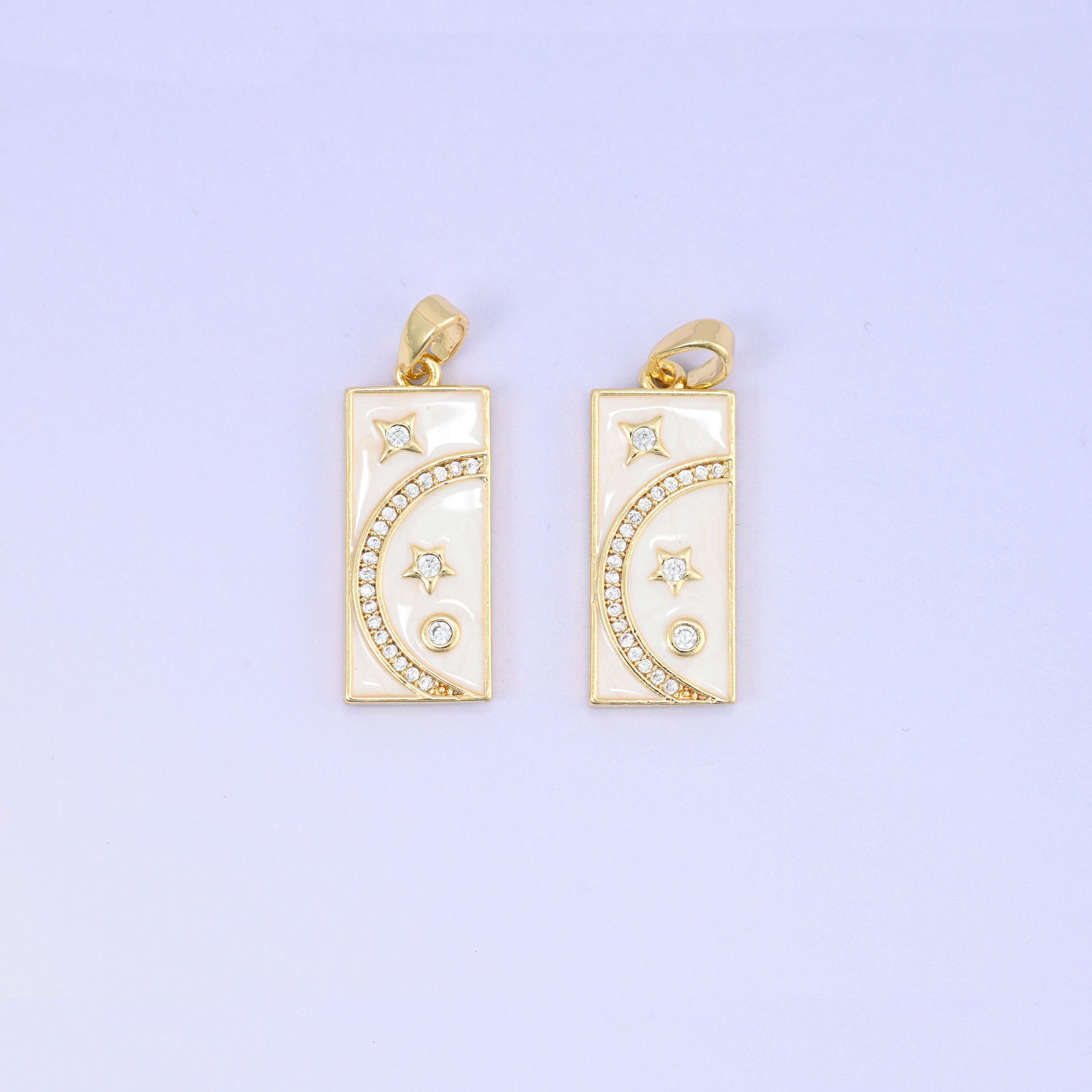 Moon and stars rectangle zircon pendant with white enamel detail