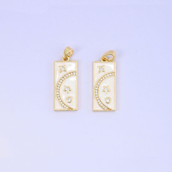 Moon and stars rectangle zircon pendant with white enamel detail