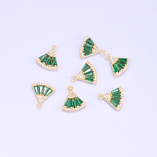 Small gold charms, seven 18K gold plated fan charms set with green cubic zirconia